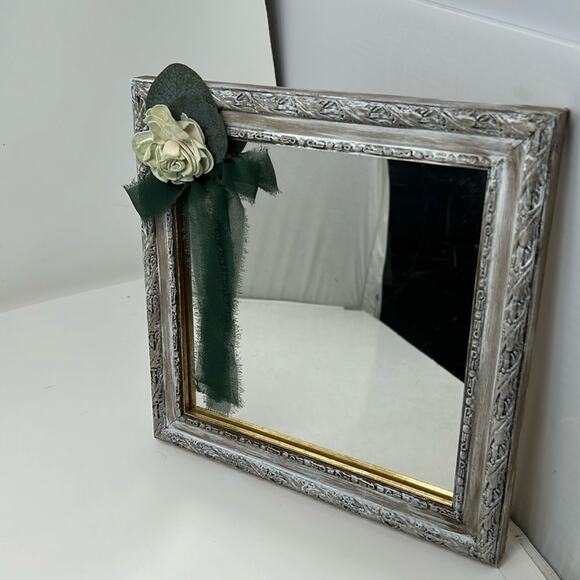 Hand Painted & Distressed Mirror Paper Rose & Green Chiffon Bow - Picture 1 of 9